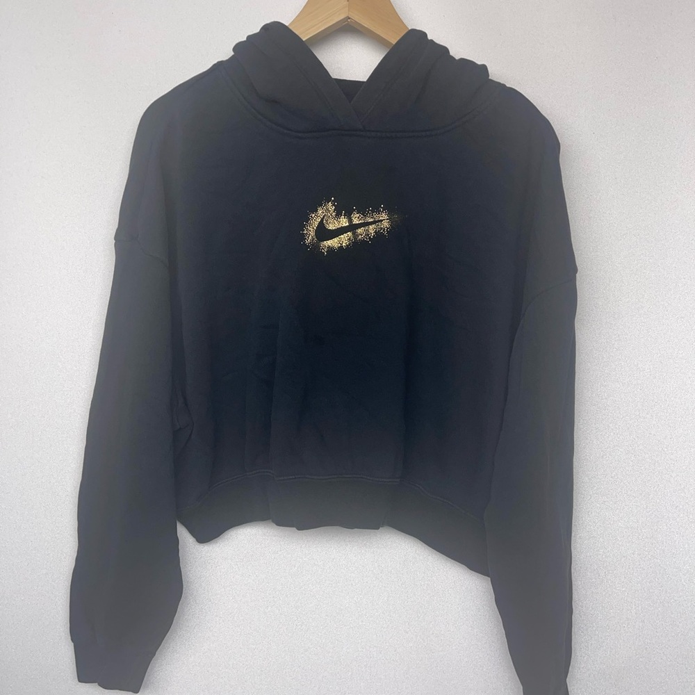 Nike Black Cropped Oversized Hoodie Sweatshirt with Gold Swoosh size Medium